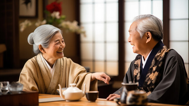 Japanese married couple sitting at the table, grandfather, grandmother, old man, mature woman, Japan, Asians, elderly people's day, pensioner, retired, family, lunch, tea party, traditional ceremony