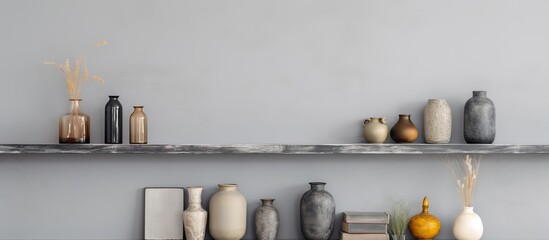 Various home furnishings arranged on a white shelf against a grey wall