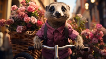 Meerkat in pink clothes rides bicycle along old street in town with spring flowers. Fashion portrait of anthropomorphic animal, carrying out daily human activities - obrazy, fototapety, plakaty