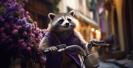 Raccoon in purple clothes rides bicycle along old street in town with lilac flowers. Fashion portrait of anthropomorphic animal, carrying out daily human activities