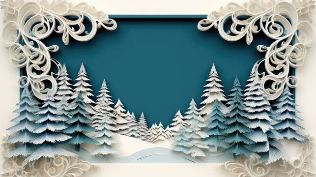 winter landscape postcard,Paper Wonderland, paper style sculpture background with copy space or free place for text