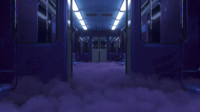 Mysterious subway carriage engulfed in a foggy haze, 3D animation.