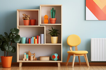 Wooden shelving unit with interior accessories and indoor plants on a blue wall for a children's room or pediatrician's waiting room