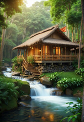 Fototapeta na wymiar Wooden house made of bamboo, in the jungle, by the river