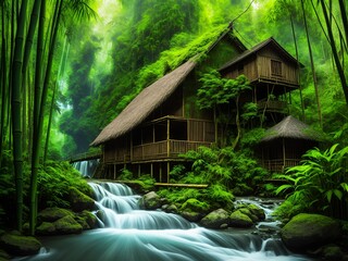 Wooden house made of bamboo, in the jungle, by the river