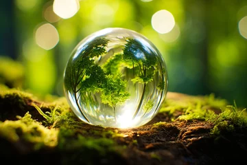 Fotobehang A glass ball with the reflection of trees lies in the forest. © Evgeniya Uvarova