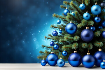 Obraz na płótnie Canvas Christmas tree with blue balls on a blue minimalistic background