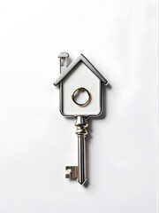 silver key in the shape of house on white background
