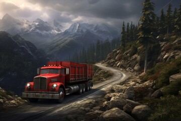 A red truck on a mountainous path, with realistic lighting and shadows creating a visually stunning composition.