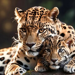 AI generated illustration of two leopards lying together on a rocky outcrop in a zoo