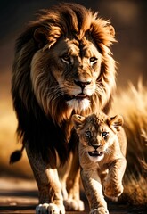Fototapeta premium AI generated illustration of a mother lion tenderly walking side-by-side with her adorable cub