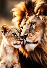AI generated illustration of a lion tenderly embracing a young cub in a loving display of affection