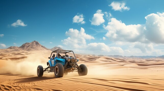 A classic dune buggy speeding across sandy hills, with the blue sky and desert as far as the eye can see