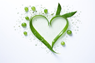 Green leaves form a heart shape against a background of splash and drop of water.