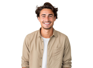 portrait of a happy young man with a friendly smile in beige clothes, casual and relaxed