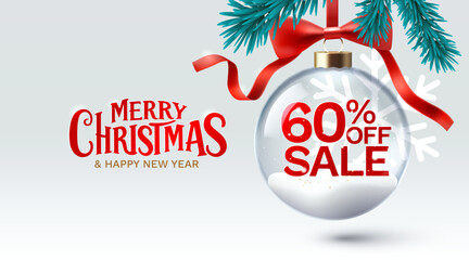 Merry Christmas and happy new year, 60 Percentage off sale. Vector illustration  - obrazy, fototapety, plakaty