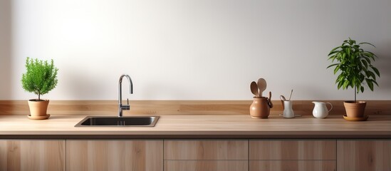 Minimalist style kitchen with brown furniture and appliances