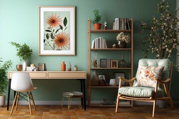 Set against a pastel green wall, modern living room decoration with table, armchair and bookshelf.