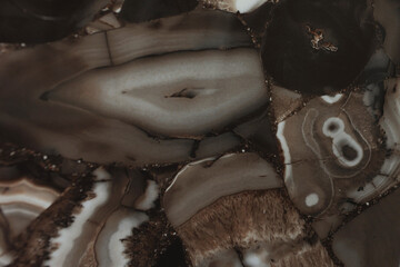 Brown marble background. Various geometric shapes on background. Flat lay. Copy space. Top view.