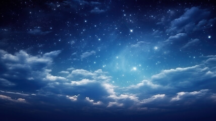 Obraz na płótnie Canvas Stars in the night sky. Fluffy volumetric clouds at night against a dark blue sky with stars background. Background night sky with stars and clouds.