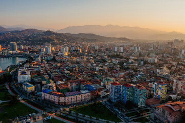 Fototapeta na wymiar Evening sunset at Batumi City, Georgia, drone aerial view
