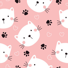 Seamless pattern with cute cat, paw prints and hearts. Vector illustration on pink background. It can be used for wallpapers, wrapping, cards, patterns for clothes and other.