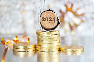 new year decorations on shining background with copy space, chocolate coins and champagne cork...