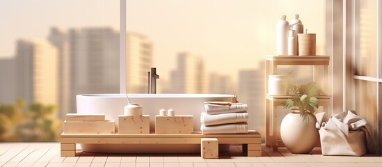 Wooden furniture with boxes on top and a blurry view of a vintage bathroom representing a modern moving house concept with illustration