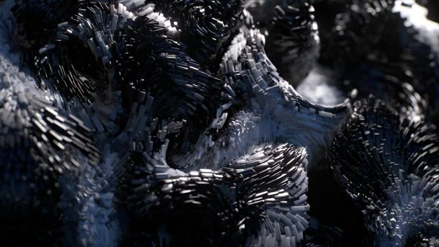 3d rendering of abstract art video animations. 3d background with surreal movement of moving objects, wave particles, liquid substance of black and white gradient color.