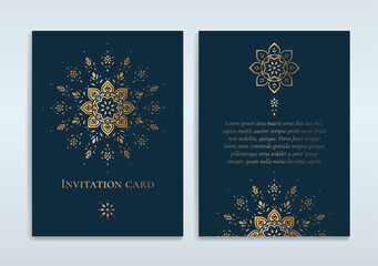 Obraz na płótnie Canvas Blue and gold luxury invitation card design with vector ornament pattern. Vintage template. Can be used for background and wallpaper. Elegant and classic vector elements great for decoration.