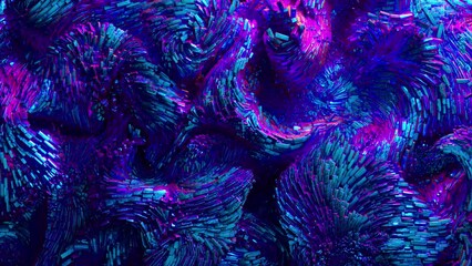 3d render of abstract art video animation 3d background with surreal motion moving festive wavy party balls sphere particles liquid substance in blue purple gradient color - Powered by Adobe