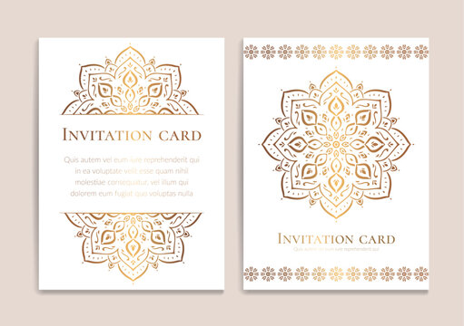 Gold and white luxury invitation card design with vector mandala pattern. Vintage ornament template. Can be used for background and wallpaper. Elegant and classic vector elements great for decoration.