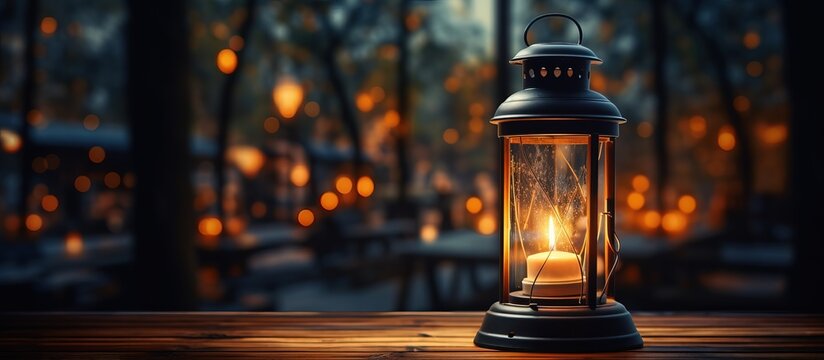 Classic metal lantern displayed in the window with a retro touch