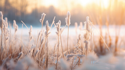 Common reed grass, Phragmites australis, in winter landscape against bright sunlight.