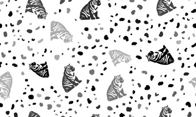 Abstract seamless pattern with sitting tiger symbols. Creative leopard backdrop. Illustration on transparent background