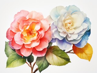 Watercolor Camellias Isolated, Aquarelle Camellias Flowers, Creative Watercolor Blooming Camellias