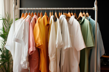 Men's shirts on a hanger in the wardrobe