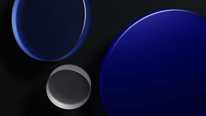 3D rendered illustration with glass shapes in different colors. A minimal abstract scene with geometrical forms on a dark background. Set of Geometric shapes in a dynamic composition.