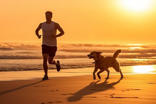 A man and a dog run into the depths of the sea waves against the background of the evening sun. A young man and an animal are doing an evening jog against the backdrop of a beautiful sea sunset.