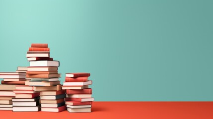Stack of books on blue background. Education, study and learning theme - obrazy, fototapety, plakaty