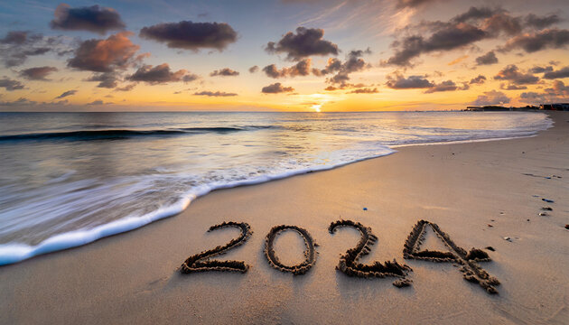 New year, 2024 written in sand on a beach during soft sunset.