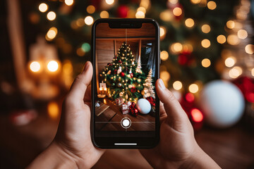 hand holding a smart phone taking a photo of a festive Christmas still life