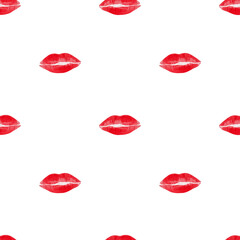 Beautiful abstract pattern with print of lips kiss on the white background for Valentines day, fabric, paper. Digital watercolor illustration