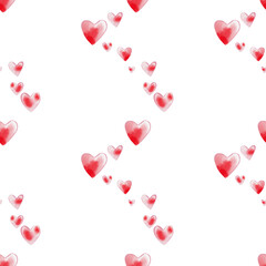 Simple romantic pattern with red and pink hearts on the white background, fabric, paper. Digital watercolor illustration