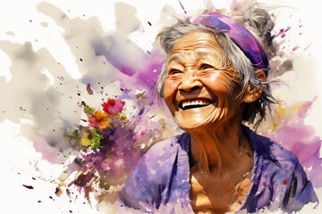 Old lady celebrating the life with colorful powder around smiling