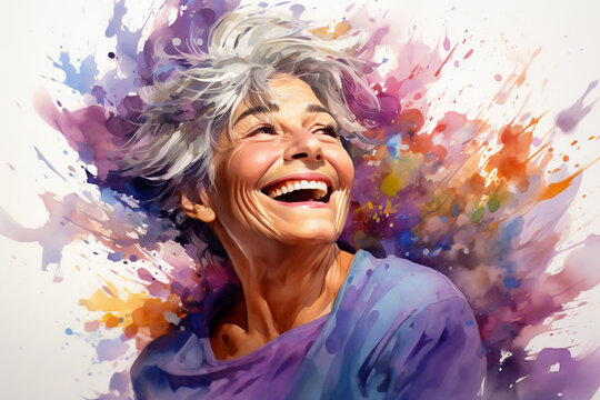 Old lady celebrating the life with colorful powder around smiling