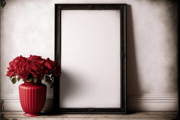 frame with a red vase and flowers on a white wall
