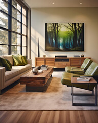 
In a modern living room with eco-conscious design, wood and fabric textures complement stylish furniture, highlighted by natural afternoon light.