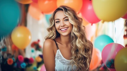 Fototapeta na wymiar Happy fun young woman get a photo on celebrating with bunch of colorful balloons background