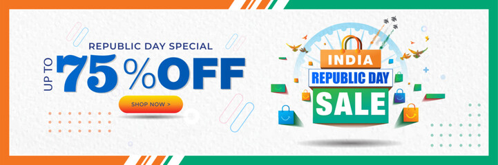 Republic Day of India sale banner design. 75% off on Shopping concept.